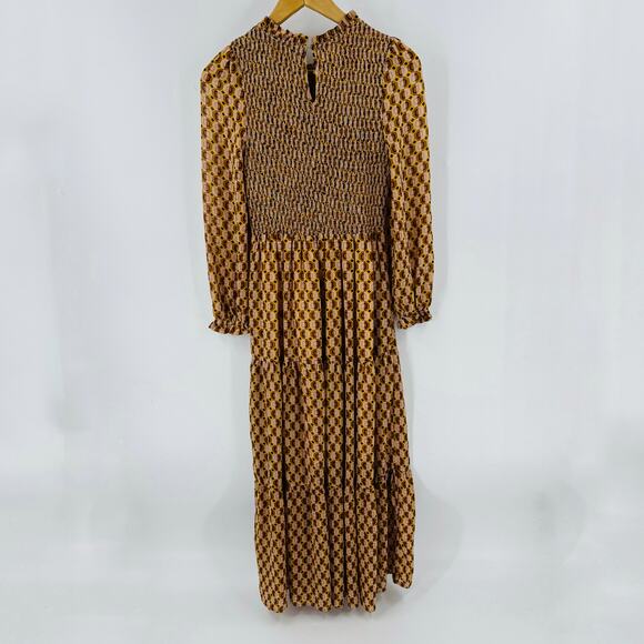 Melloday Smocked Long Sleeve Maxi Dress Retro Geometric Print Brown XS - Picture 3 of 13